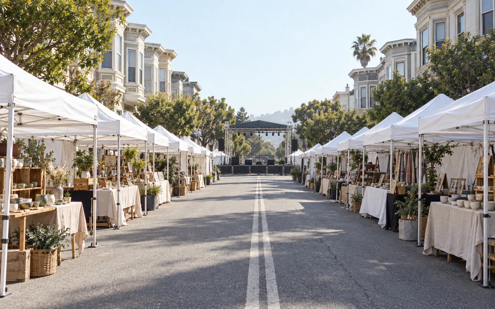 A city street closed to traffic and filled with market canopies between buildings