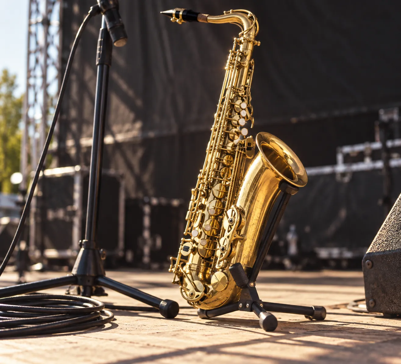 A brass saxophone resting on a stand on an outdoor stage in daylight