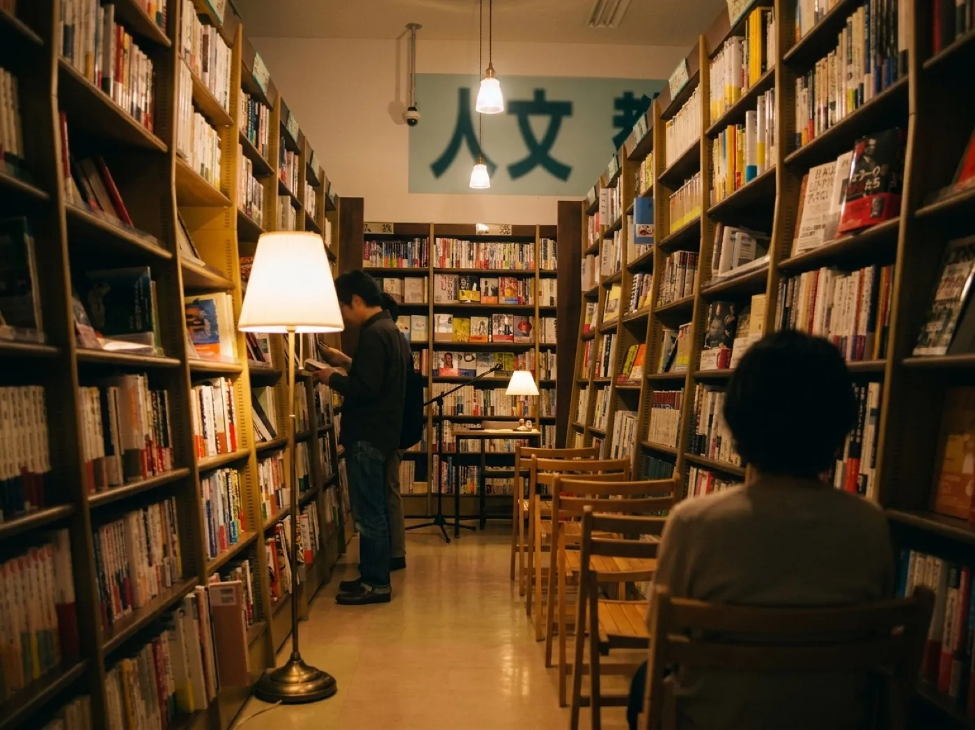 A bookshop interior with tall wooden shelves, a small stage area with rows of folding chairs and warm lamps overhead