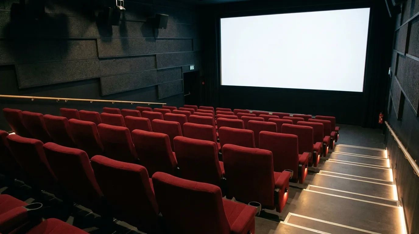 An empty cinema auditorium with rows of red seats facing a blank screen under low house lights