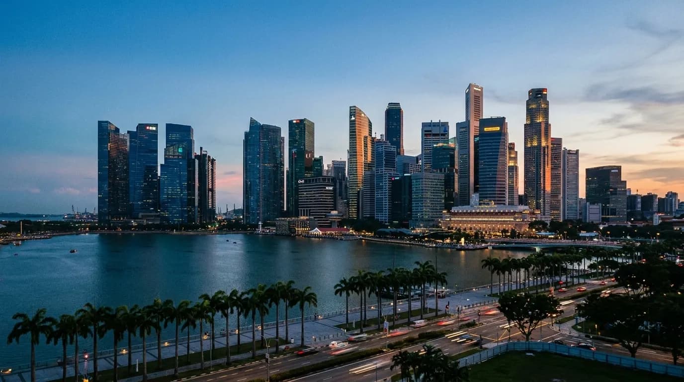 A subtropical waterfront city skyline in the early evening with glass towers behind a bay and palms along a promenade