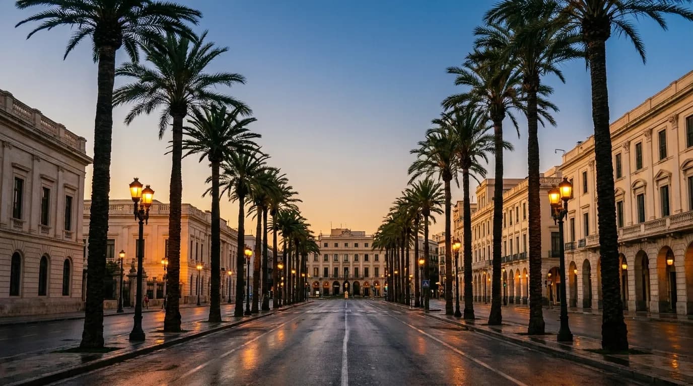 A palm-lined city street at dusk with warm light on building facades and the sky fading to blue