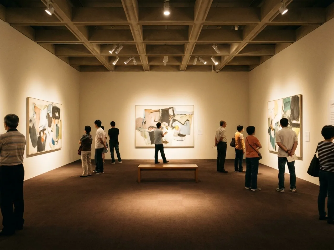 A museum gallery in the evening with visitors standing in front of large works on a pale wall