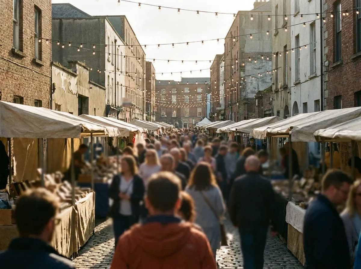 A narrow city street filled with festival stalls between low brick buildings in warm late-afternoon light