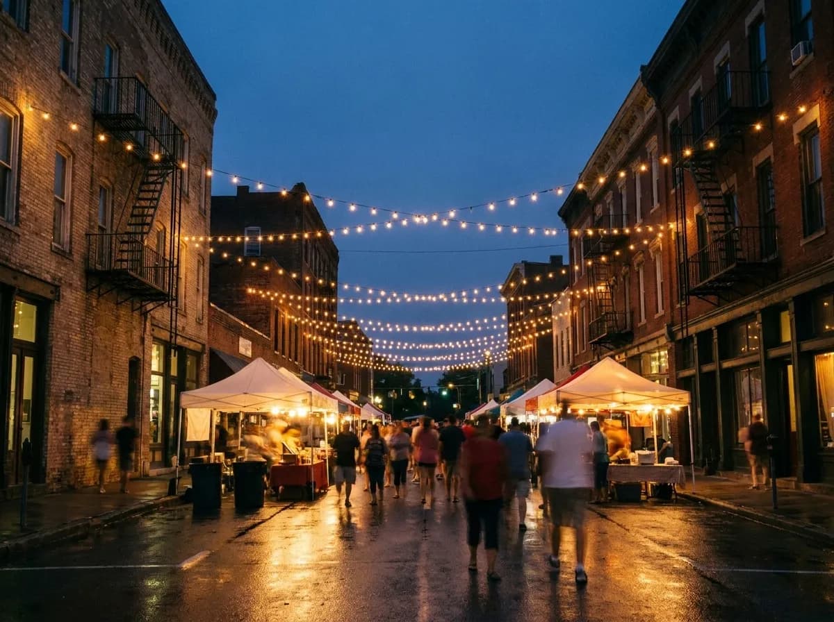 A narrow city street strung overhead with rows of small festival lights above stalls at dusk