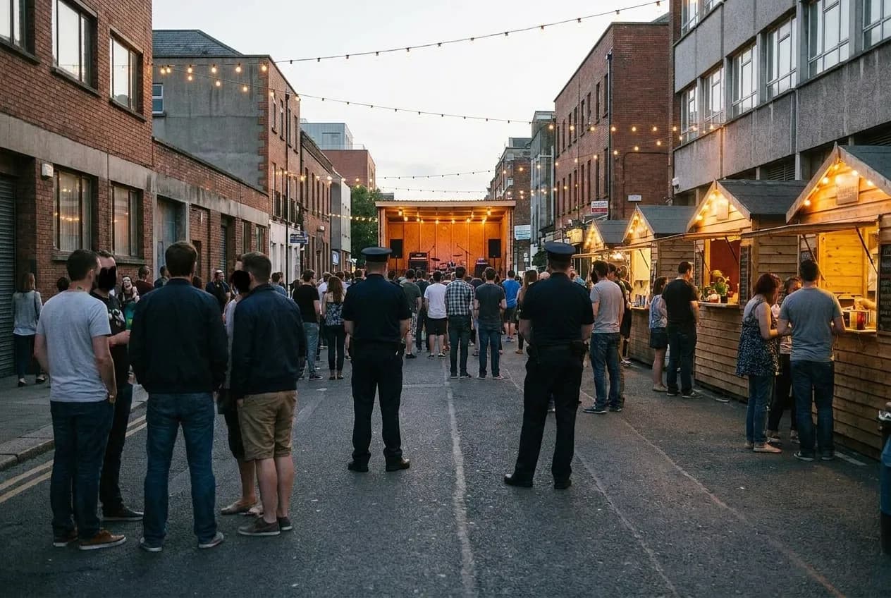 A city street closed to traffic at dusk with festoon lighting overhead, food stalls and a small stage at the far end