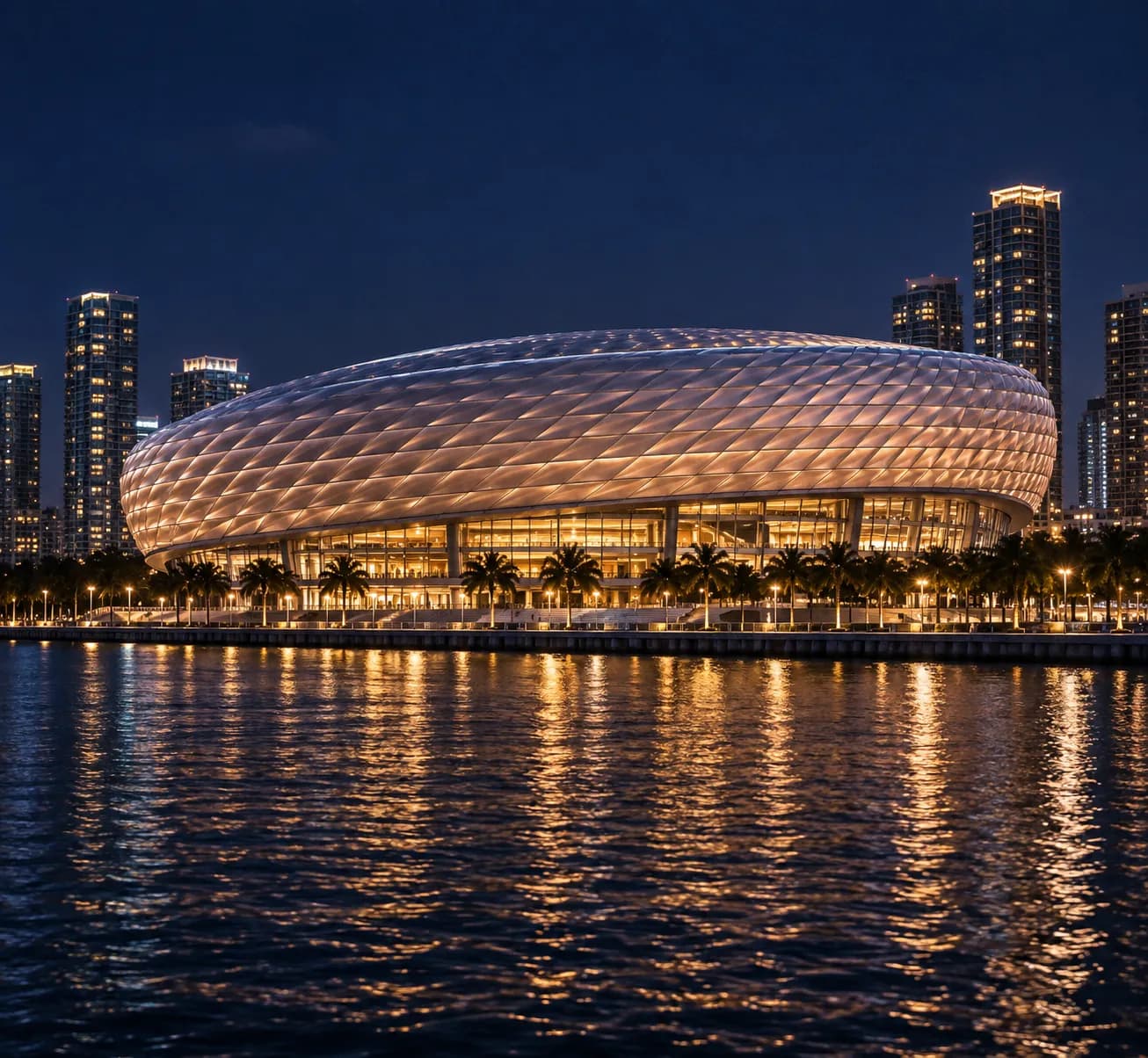 A large waterfront arena lit at night with the bay in front of it