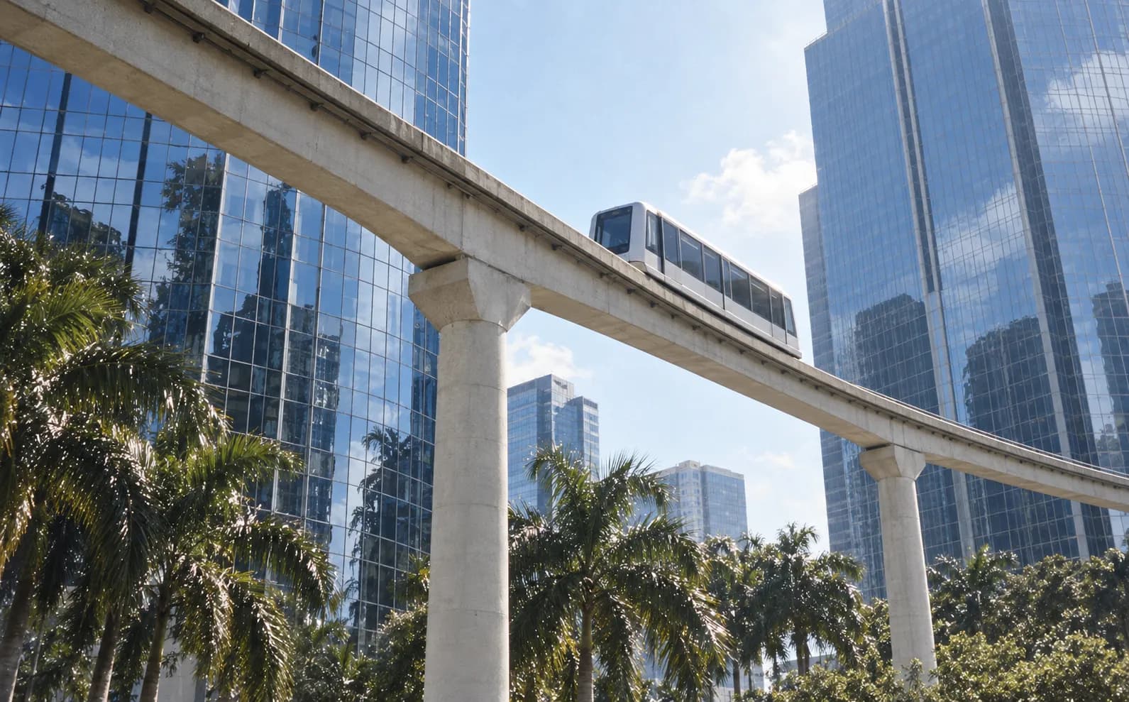 An elevated automated train track curving between downtown towers