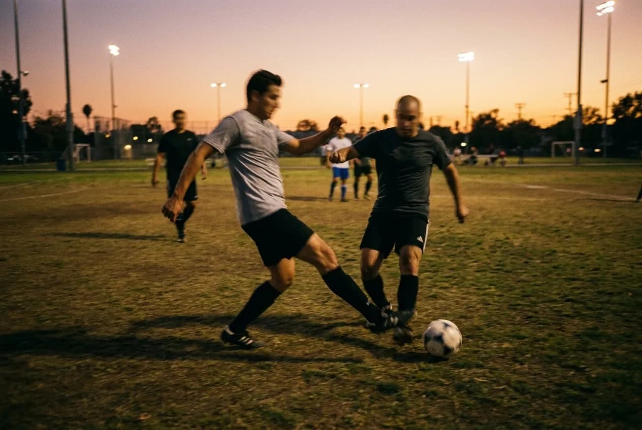 Recreational soccer game in progress on a Los Angeles park field at dusk