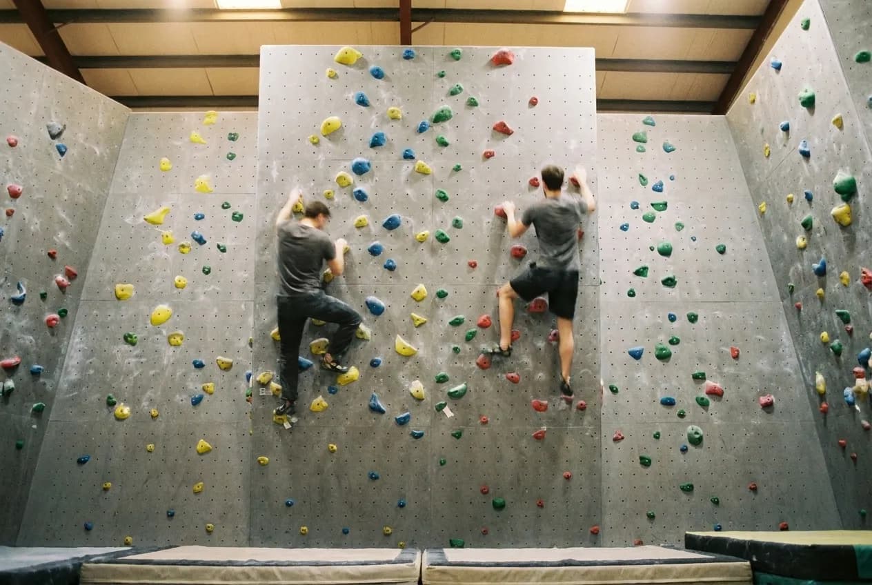 Colorful climbing holds on an indoor bouldering wall at a New York climbing gym