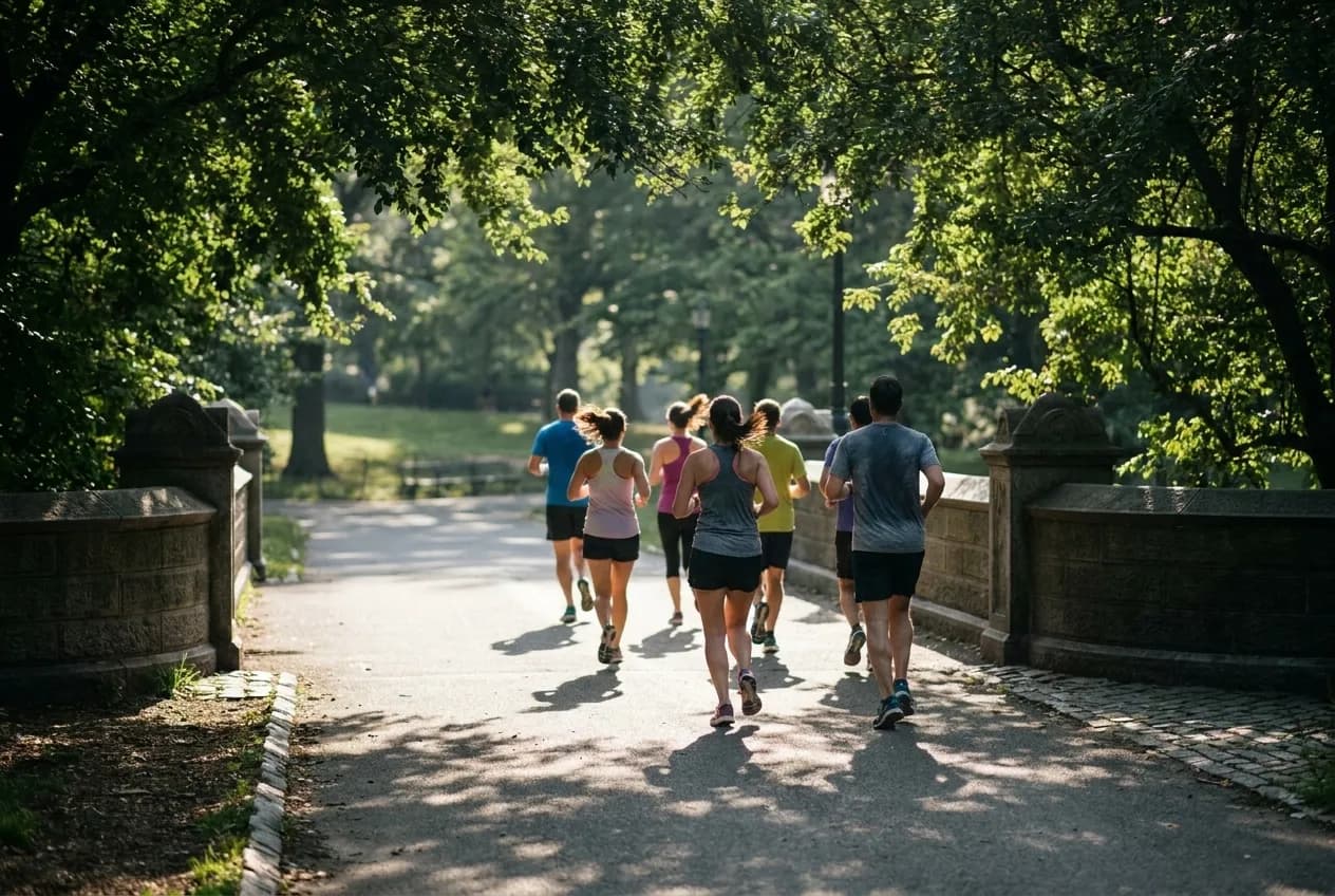 Runners on a tree-lined path during a morning run club meetup