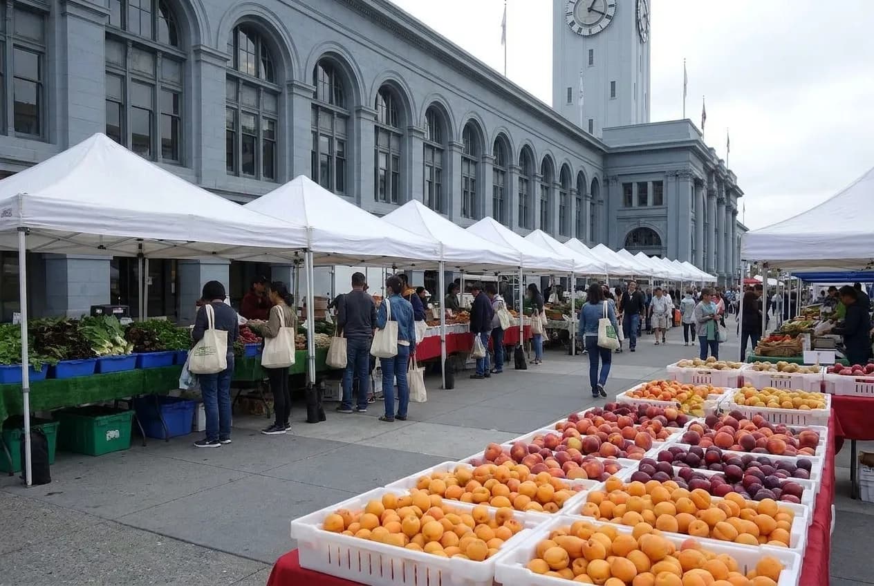 Rows of white canopy tents and crates of stone fruit along the grey stone arcade of the San Francisco Ferry Building on an overcast morning