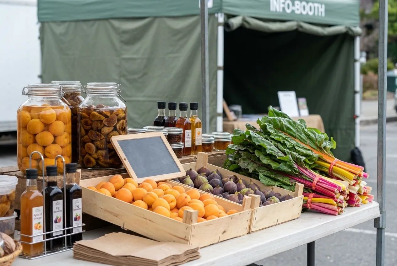 A farm stall table with wooden flats of apricots and figs, bunched rainbow chard and folded paper bags, a green info-booth tent behind