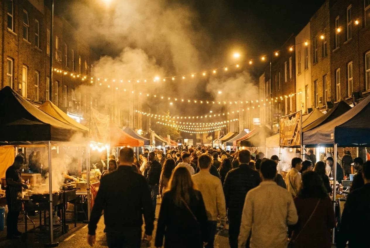 An evening street fair with food stalls and string lights across the road