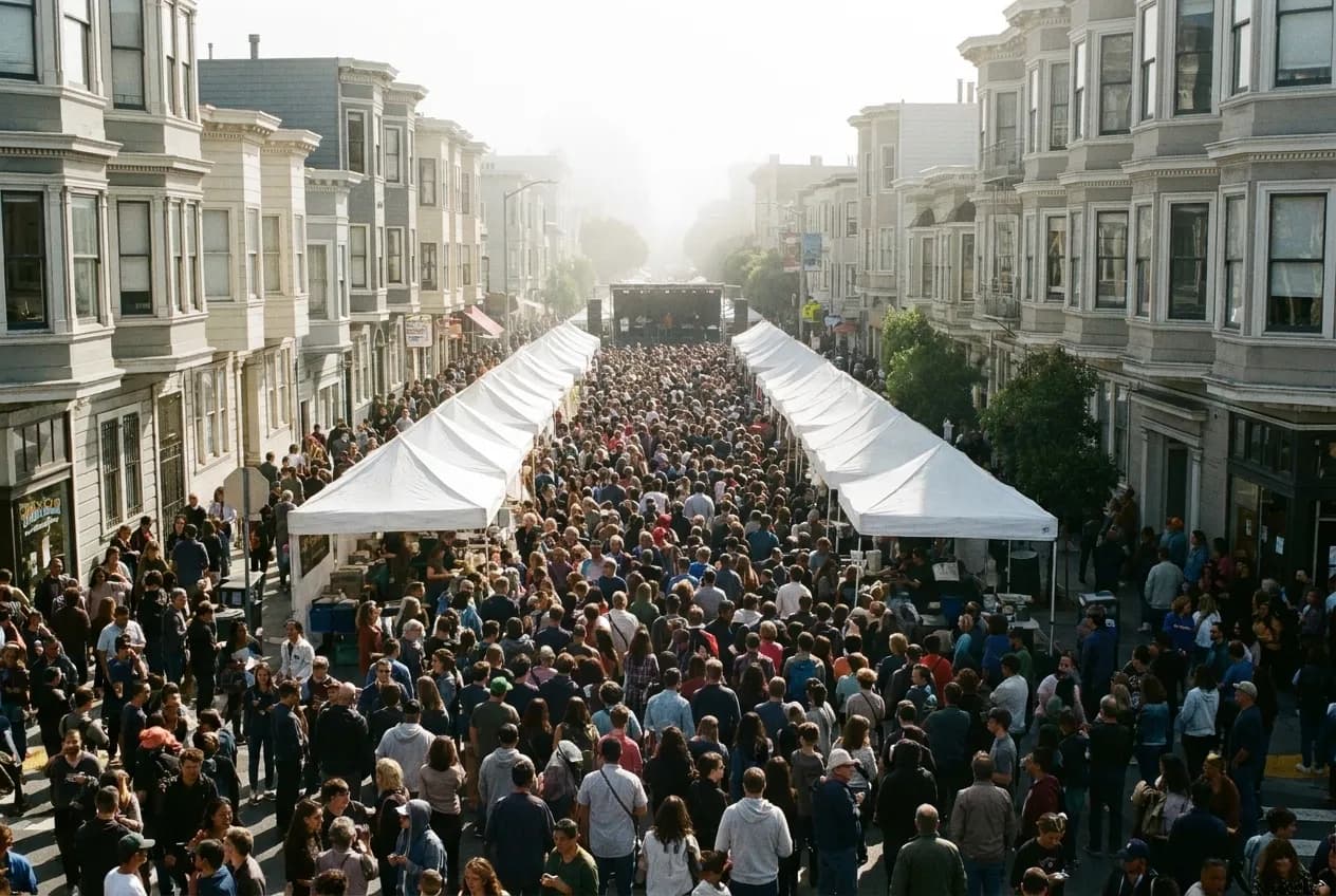 A closed city street filled with a festival crowd between low buildings