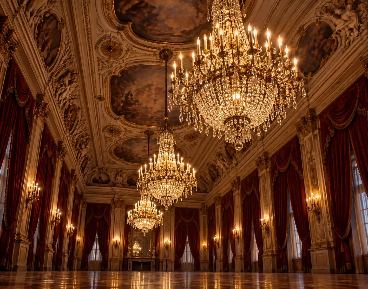 Ornate crystal chandeliers hanging above an empty ballroom floor
