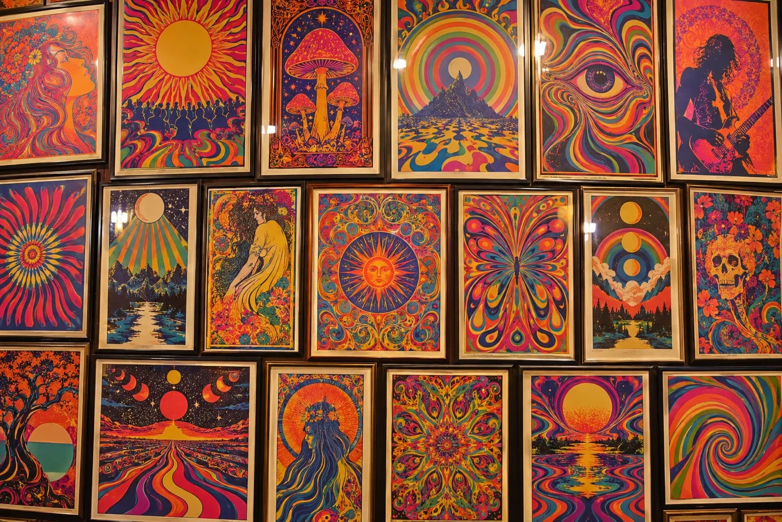 A wall densely covered with framed vintage concert posters