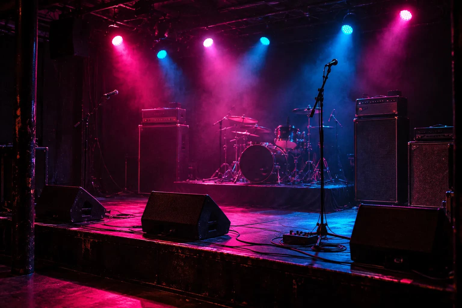 A small dark club stage with a drum riser and amplifiers under coloured lights