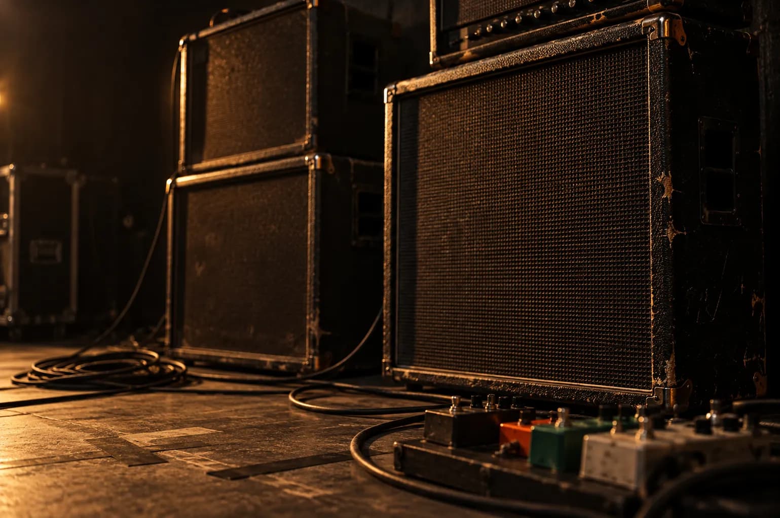 A row of guitar amplifiers and cables against a black stage wall
