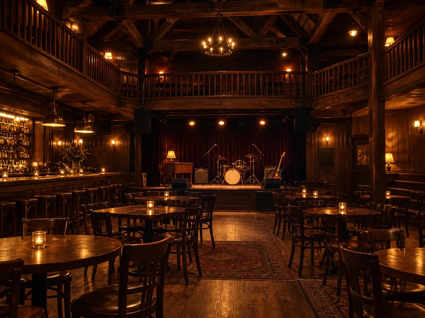 A small wood-panelled club interior with a balcony overhanging a low stage