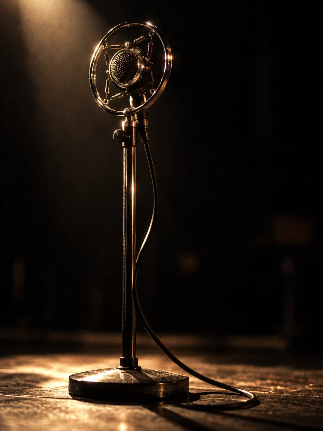 A vintage microphone on a stand in a pool of light on a small stage
