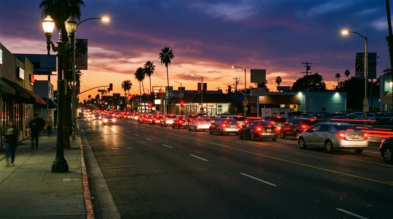 A wide city boulevard in the evening rush with red tail lights stretching into an orange and violet dusk sky