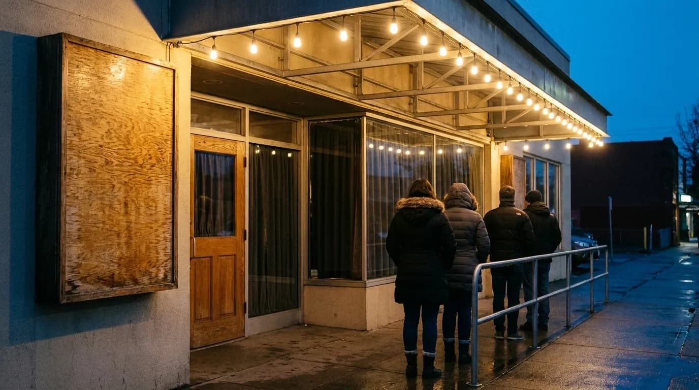 A queue of people waiting outside a small venue entrance under a lit canopy at dusk