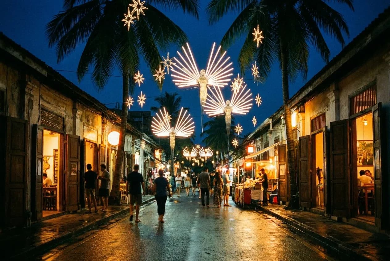 A busy city street at night with warm light spilling from open doorways, palms overhead and wet asphalt reflecting colour