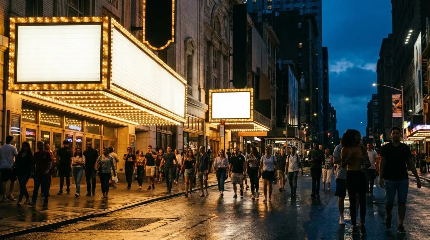 A theatre district street in the early evening with illuminated marquee canopies edged in bare bulbs above wet pavement