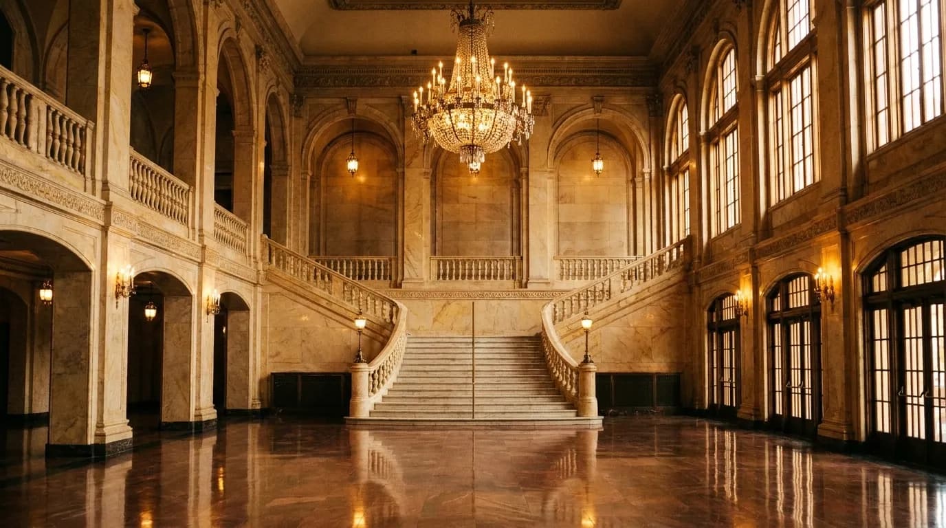 A grand theatre lobby with a marble staircase and warm chandeliers seen from the entrance