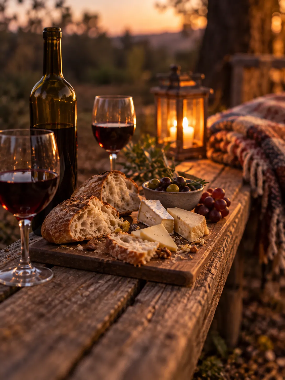A picnic laid out on a bench seat with a bottle and glasses at dusk