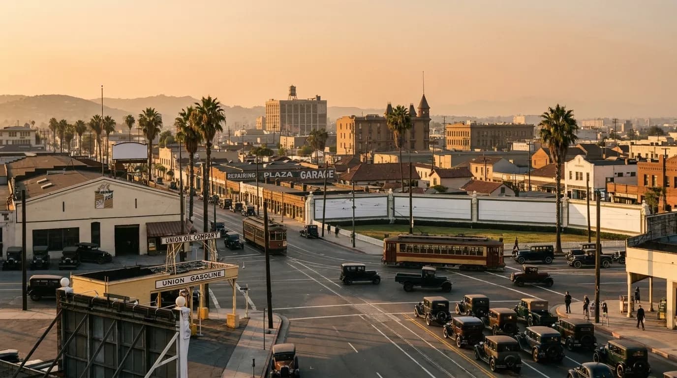 A wide view of a Los Angeles boulevard in late afternoon with traffic queued in both directions, palms and low buildings against a hazy orange sky