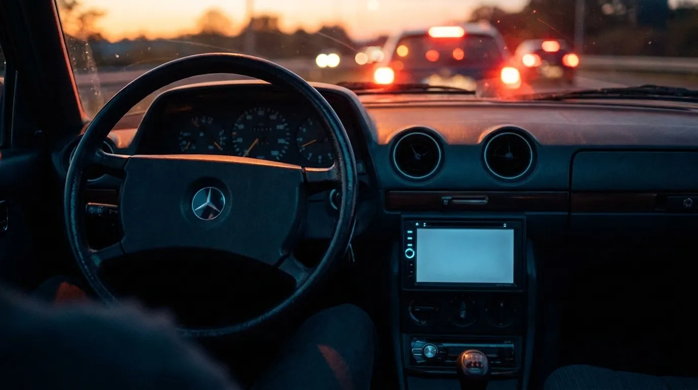 A close view of a car dashboard at dusk with a navigation screen glowing blank, brake lights blurred through the windscreen ahead and the last orange light in the sky