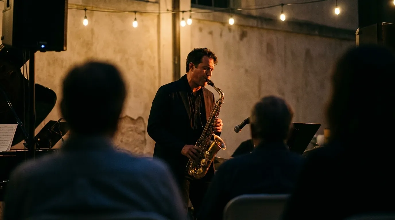 A close view of a small outdoor stage from the audience, a saxophone player mid-phrase under string lights with a museum courtyard wall behind and seated silhouettes in the foreground