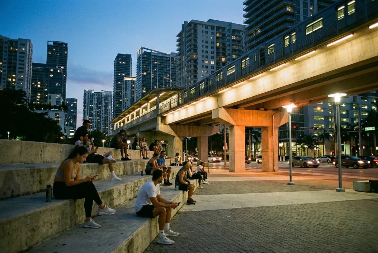 Underline Urban Gym at dusk with Metrorail viaduct and Brickell skyline