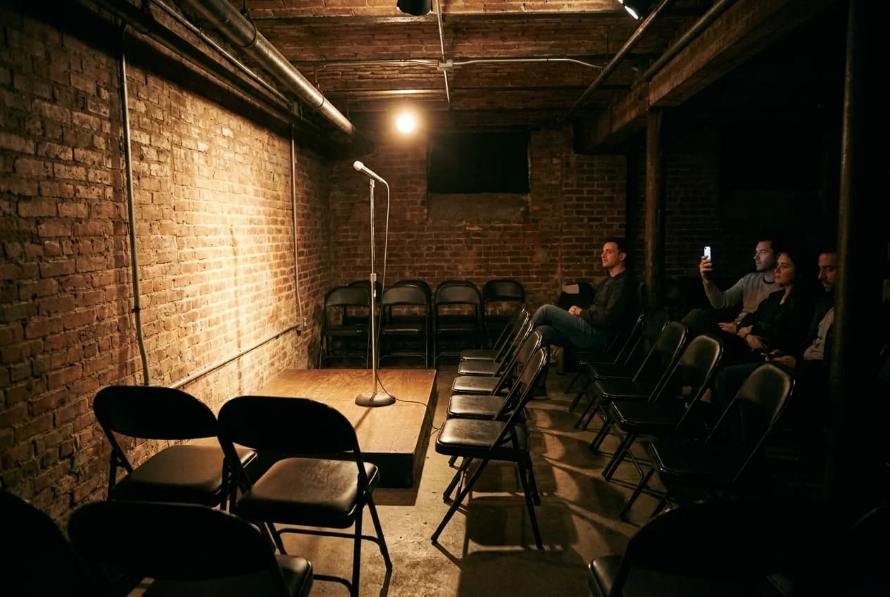 Basement comedy stage with microphone under spotlight and rows of empty chairs in East Village performance space