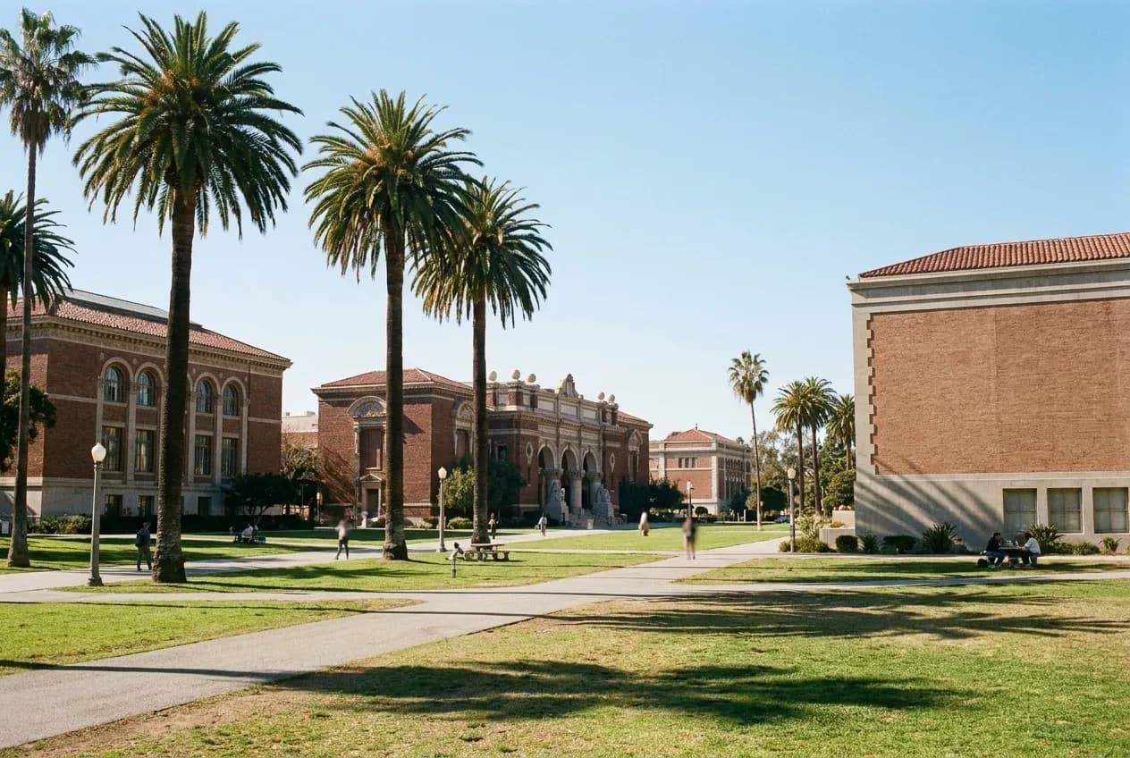 A large park campus in Los Angeles with museum buildings and palm trees