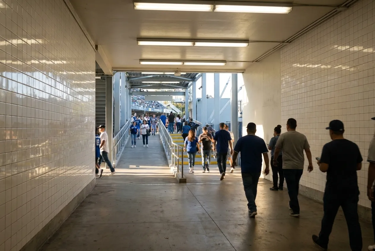 A stadium concourse before a match with people walking towards the stands