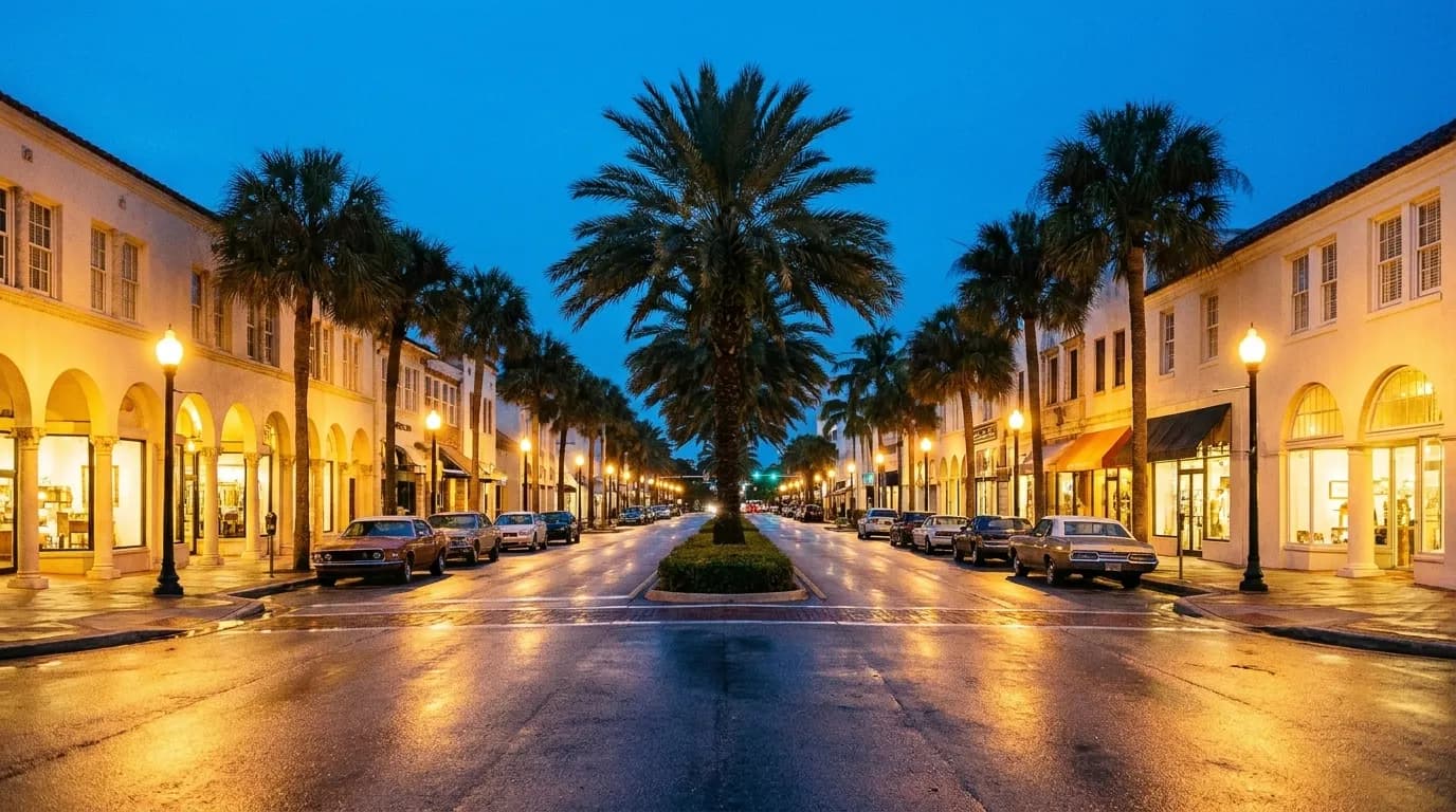 A wide Mediterranean-revival shopping street at dusk with arcaded storefronts, a landscaped median and warm lamplight along both pavements