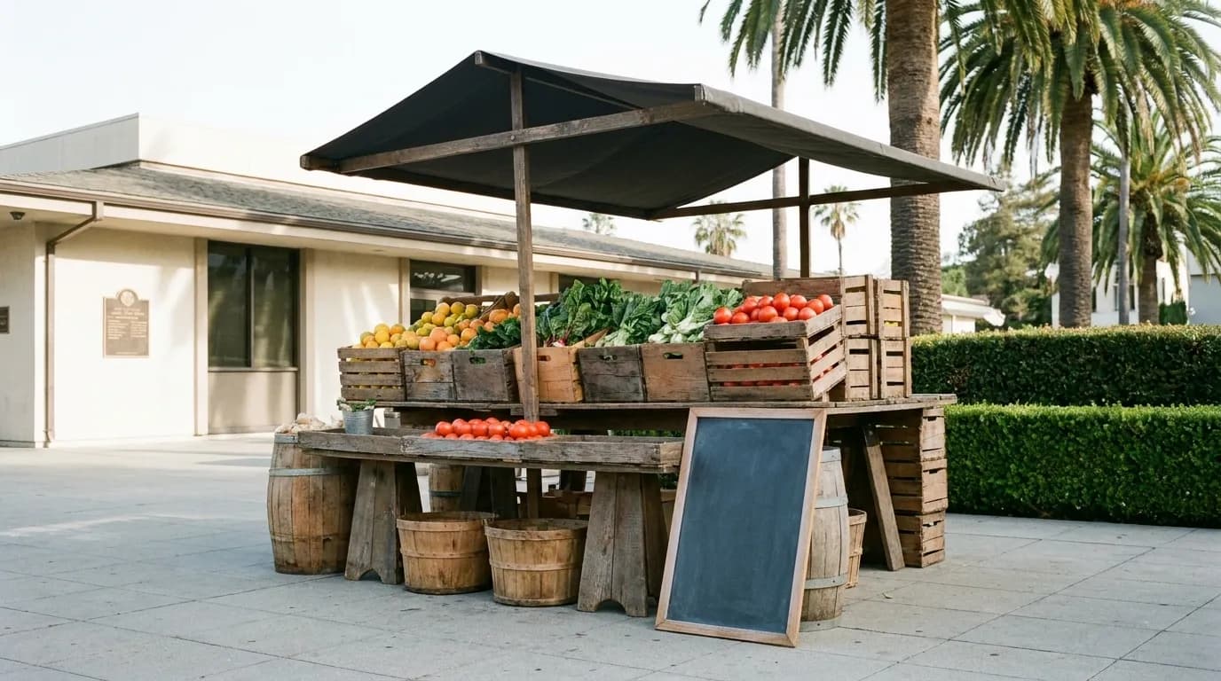 A row of folding market stalls under white canopies on a plaza in front of a civic building, produce crates stacked at the front of each table