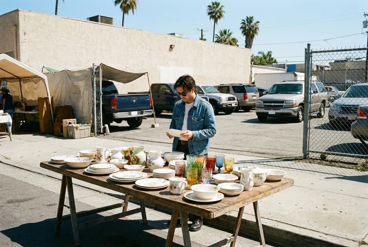 A folding table of vintage ceramics and glassware at an outdoor market stall