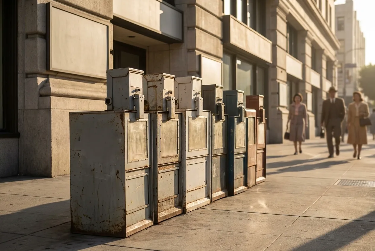 A row of newspaper boxes on a city pavement