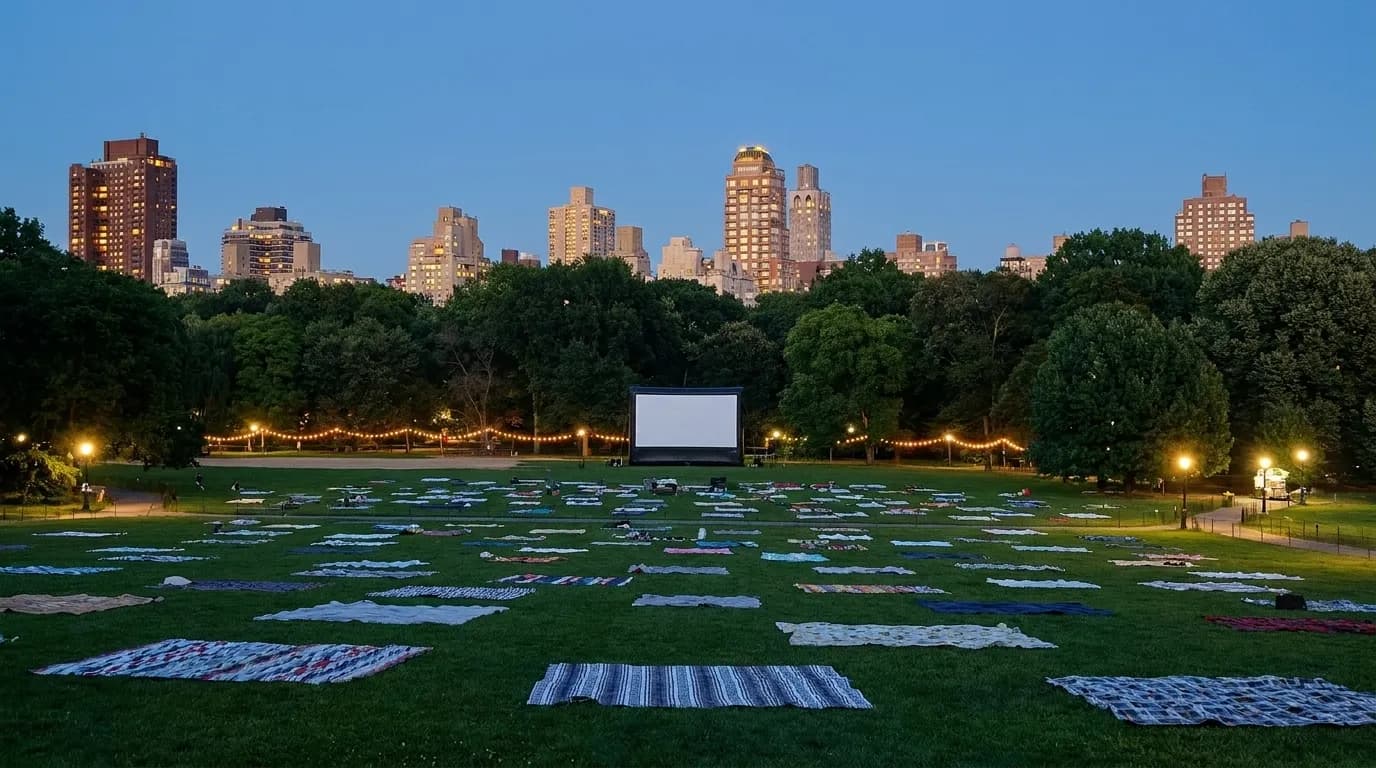 A city park lawn at dusk filled with empty picnic blankets facing a large blank screen, tall buildings lit behind the treeline