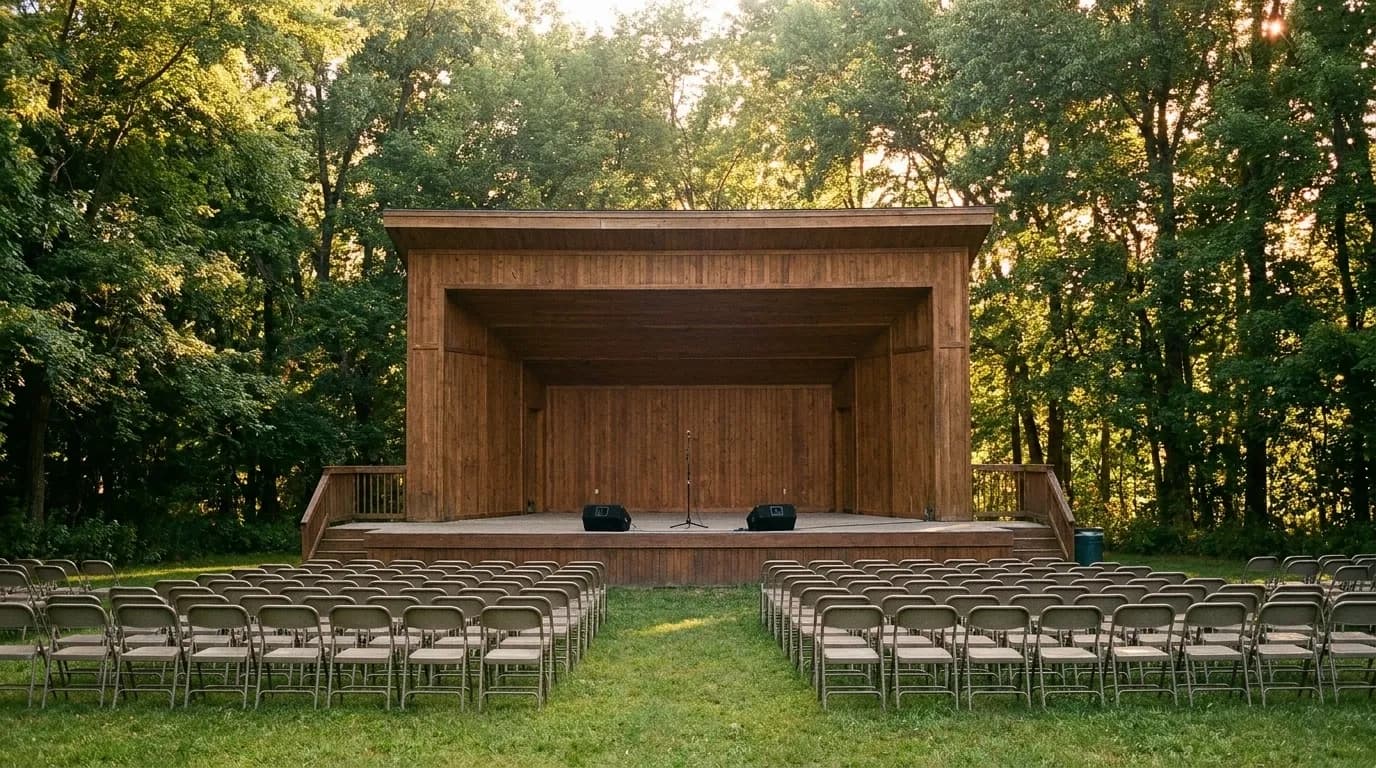 An outdoor bandshell stage in a park before a concert, empty lawn and folding chairs in front and heavy summer trees on both sides
