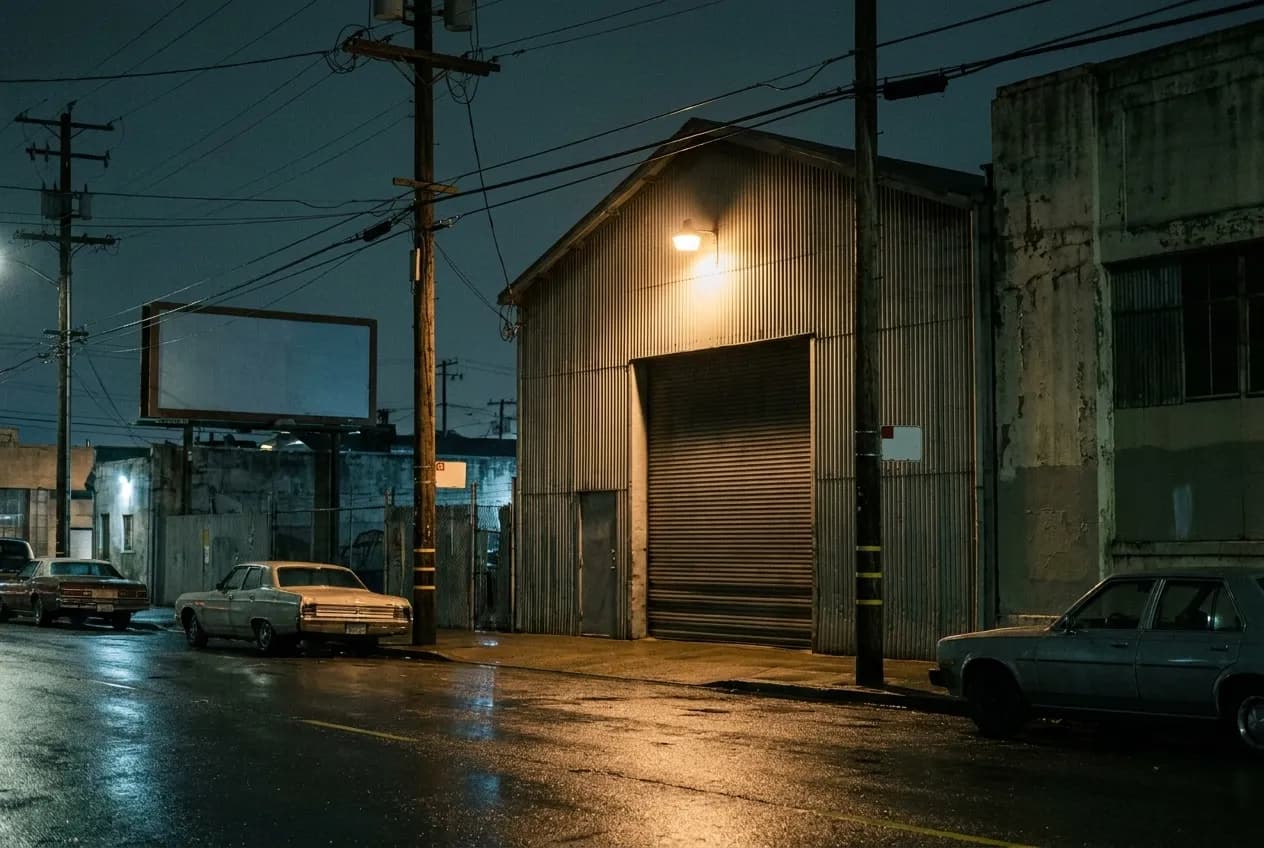 A dark warehouse doorway on an industrial street at night with a single light above it