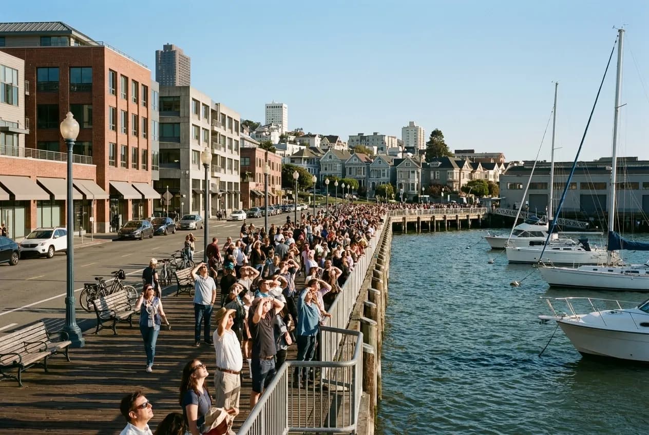 A crowd gathered along a waterfront promenade looking up at a clear sky