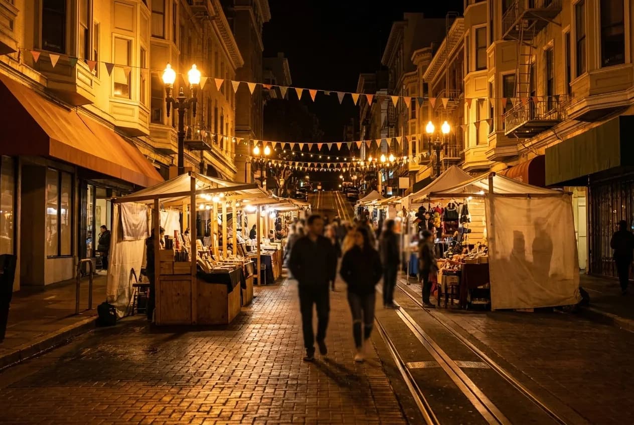 A street closed to traffic and filled with market stalls under bunting