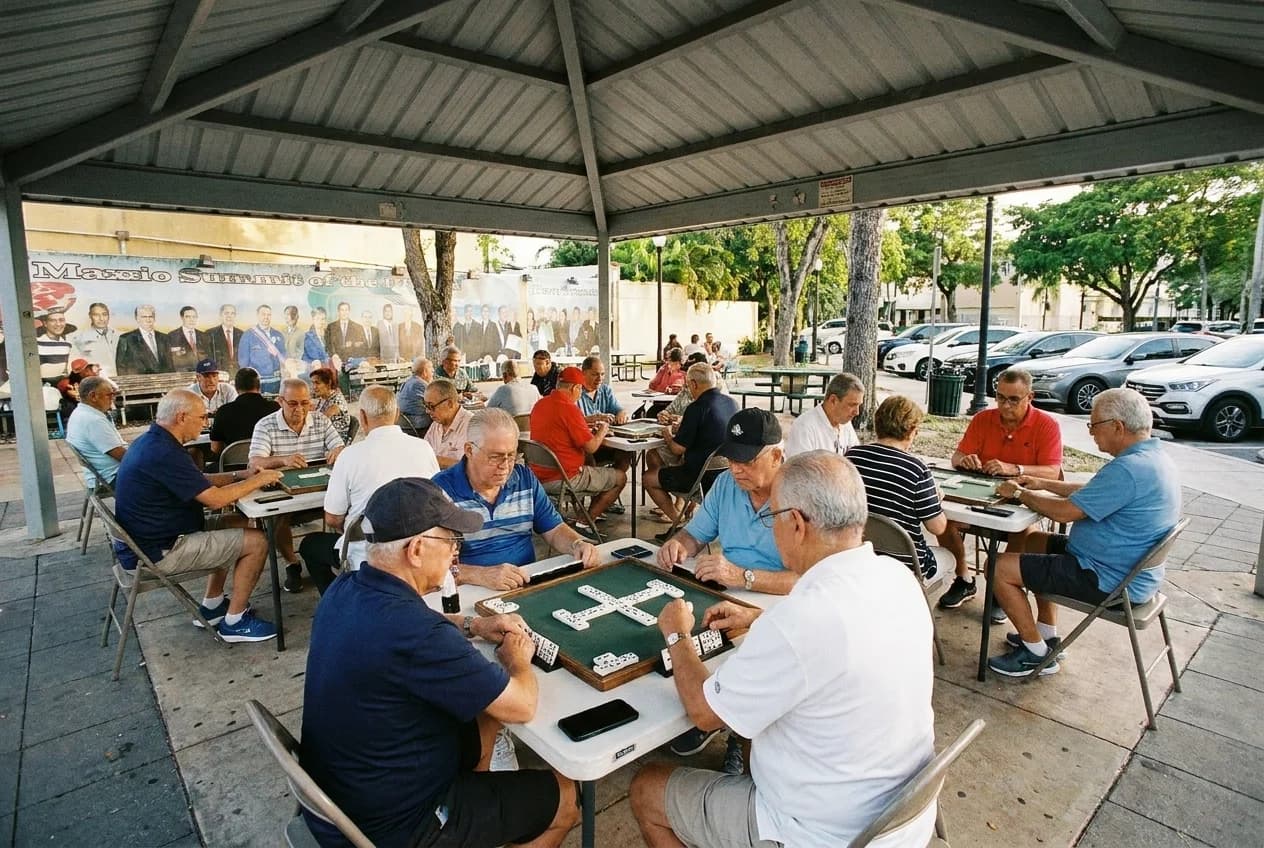 Domino tables with aluminium shade roofs at Maximo Gomez Park in Little Havana