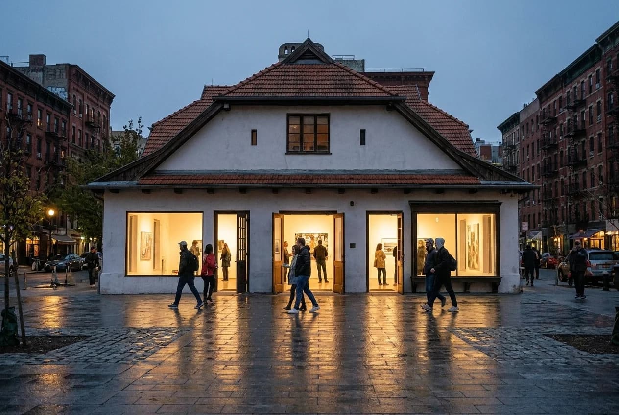 Orchard Street gallery district at evening with lit storefronts and pedestrians on wet pavement
