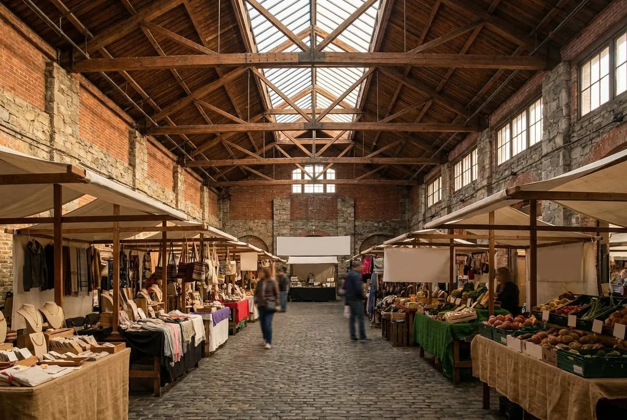 A row of market stalls under a high warehouse roof